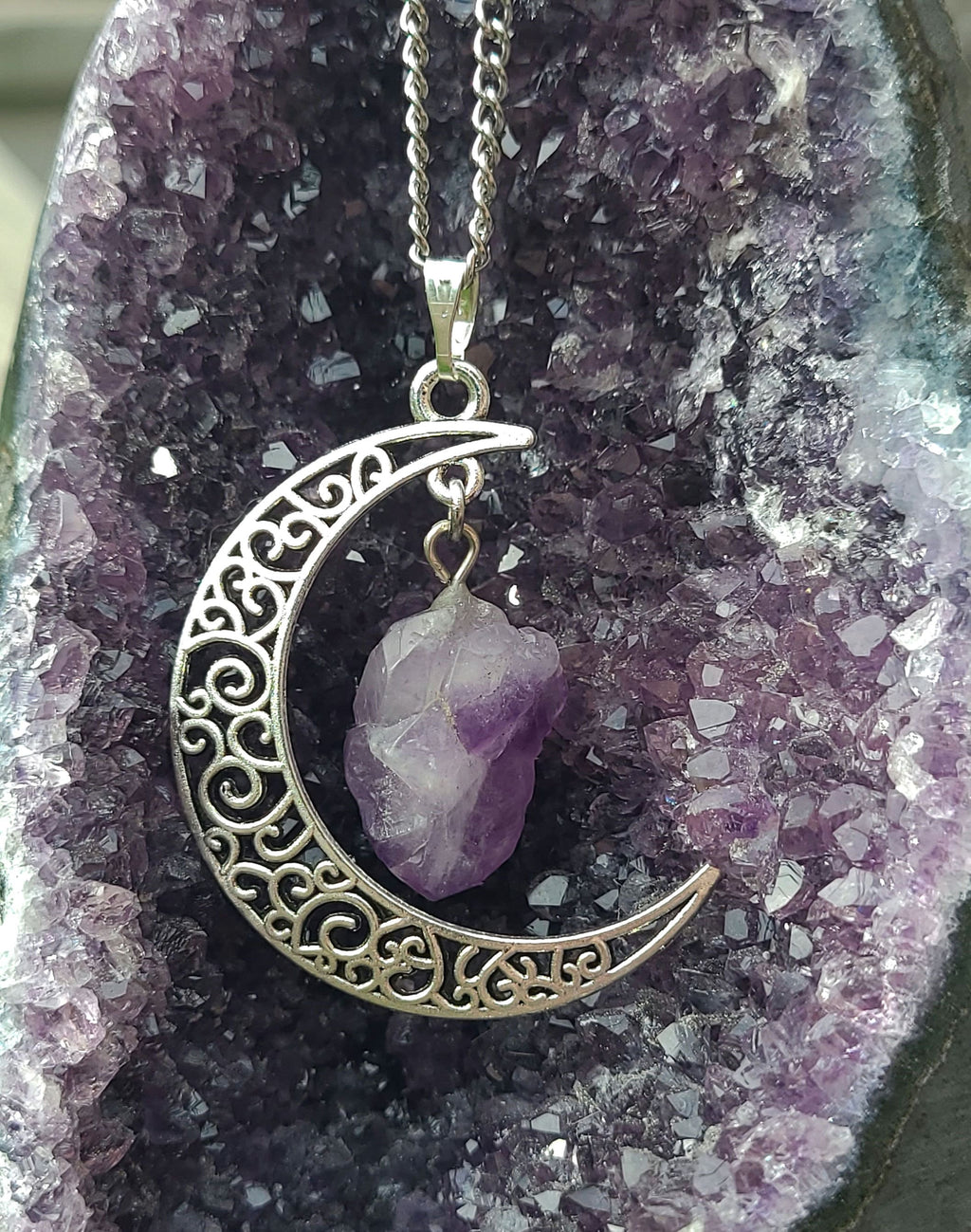 Raw Crystal Crescent Moon Necklace: Stainless Steel Chain