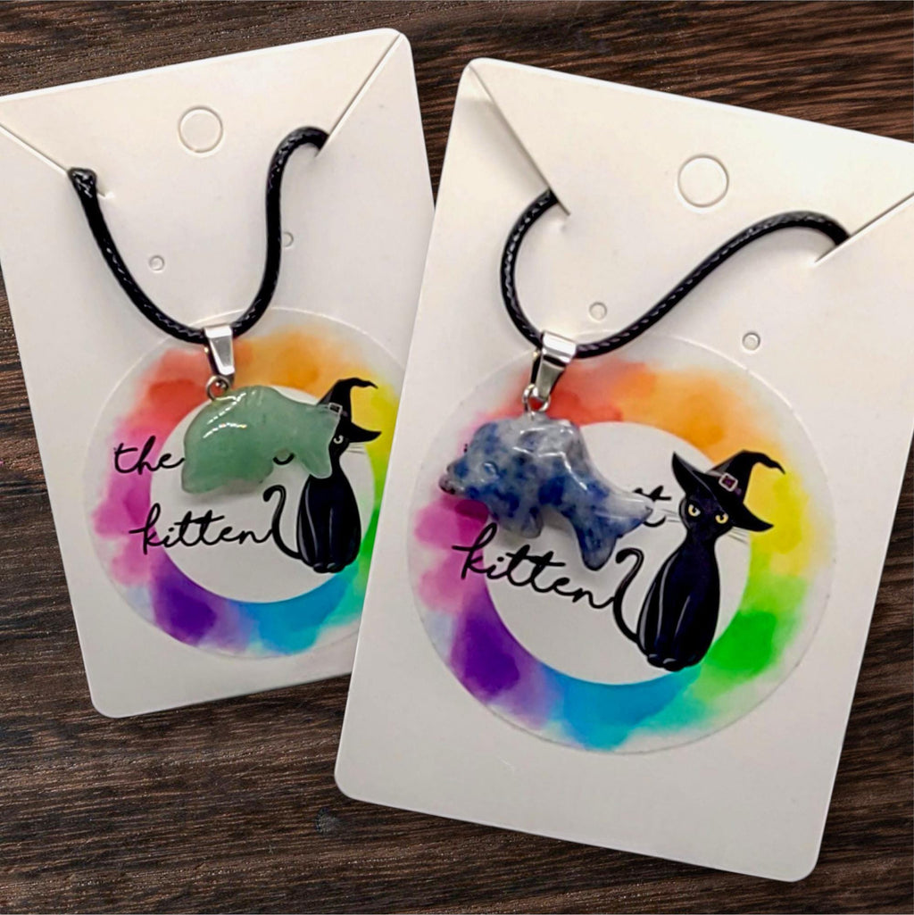 Crystal Dolphin Necklaces, Gemstone pendant on black cord