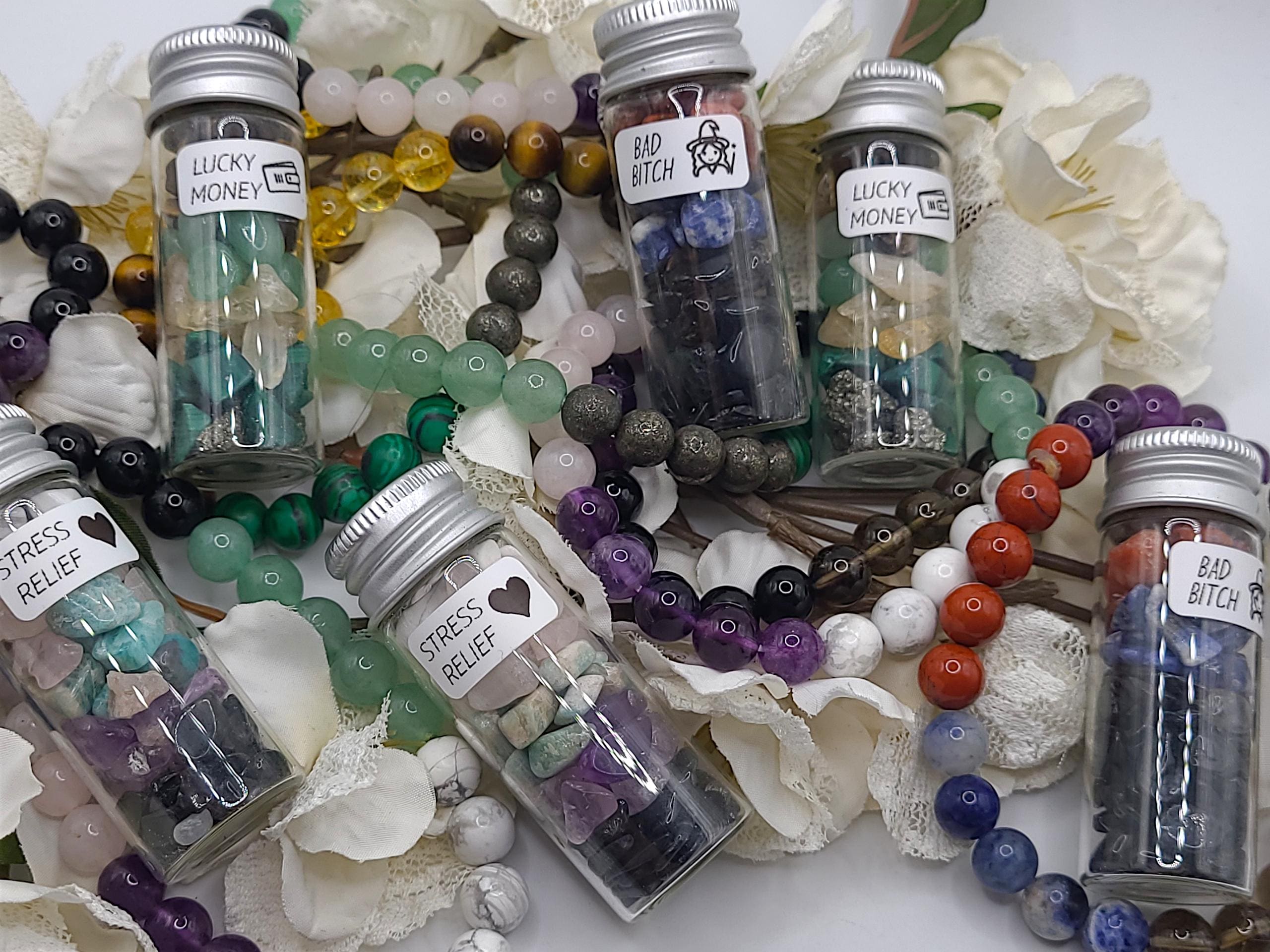 Handmade Intention Bracelet Set  Crystal Chip Jar, Lucky Money, Stress Relief, Bad Bitch vibes