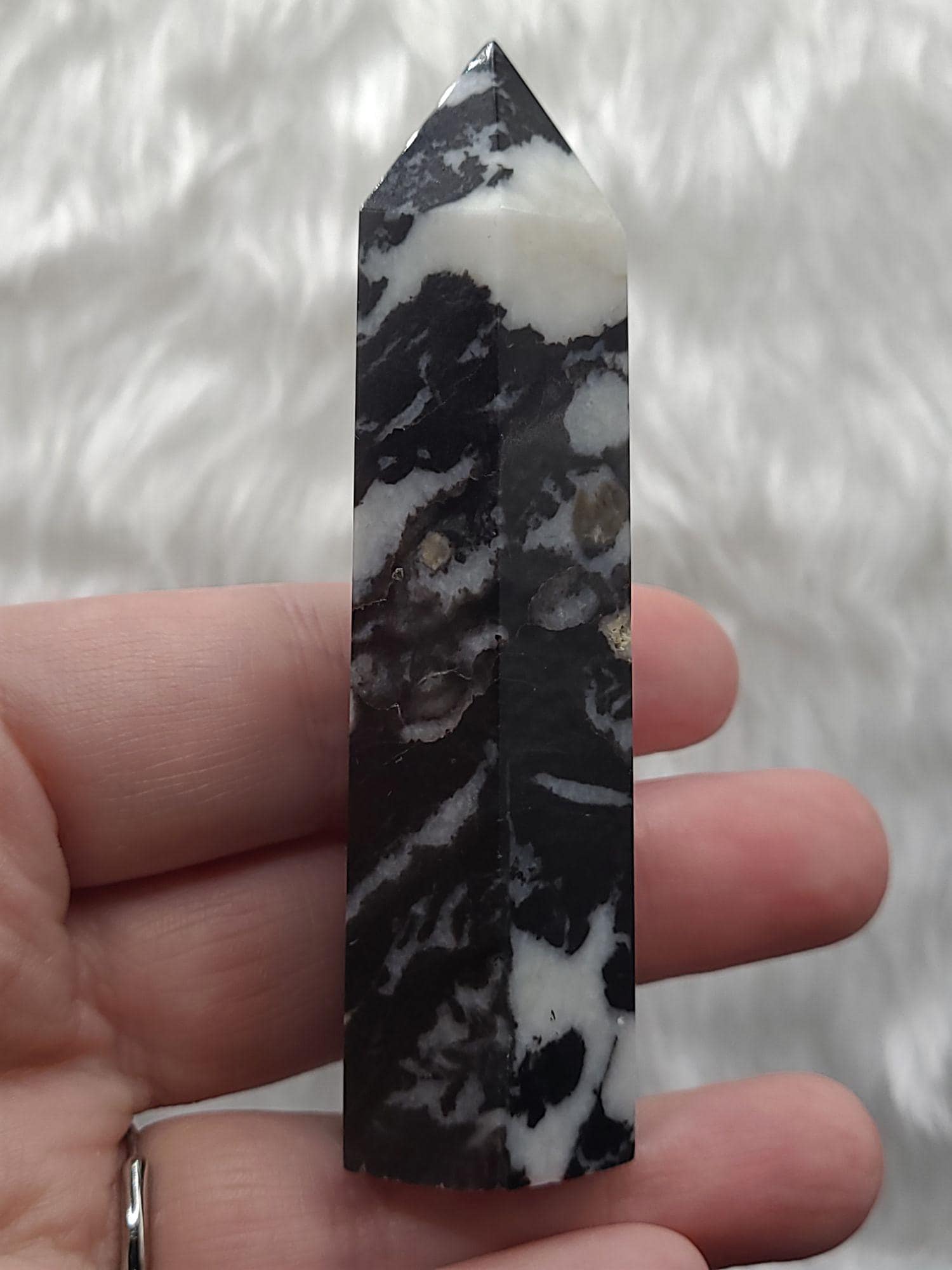 Zebra Jasper Crystal Tower  Polished Black White Stone, Grounding Home Décor
