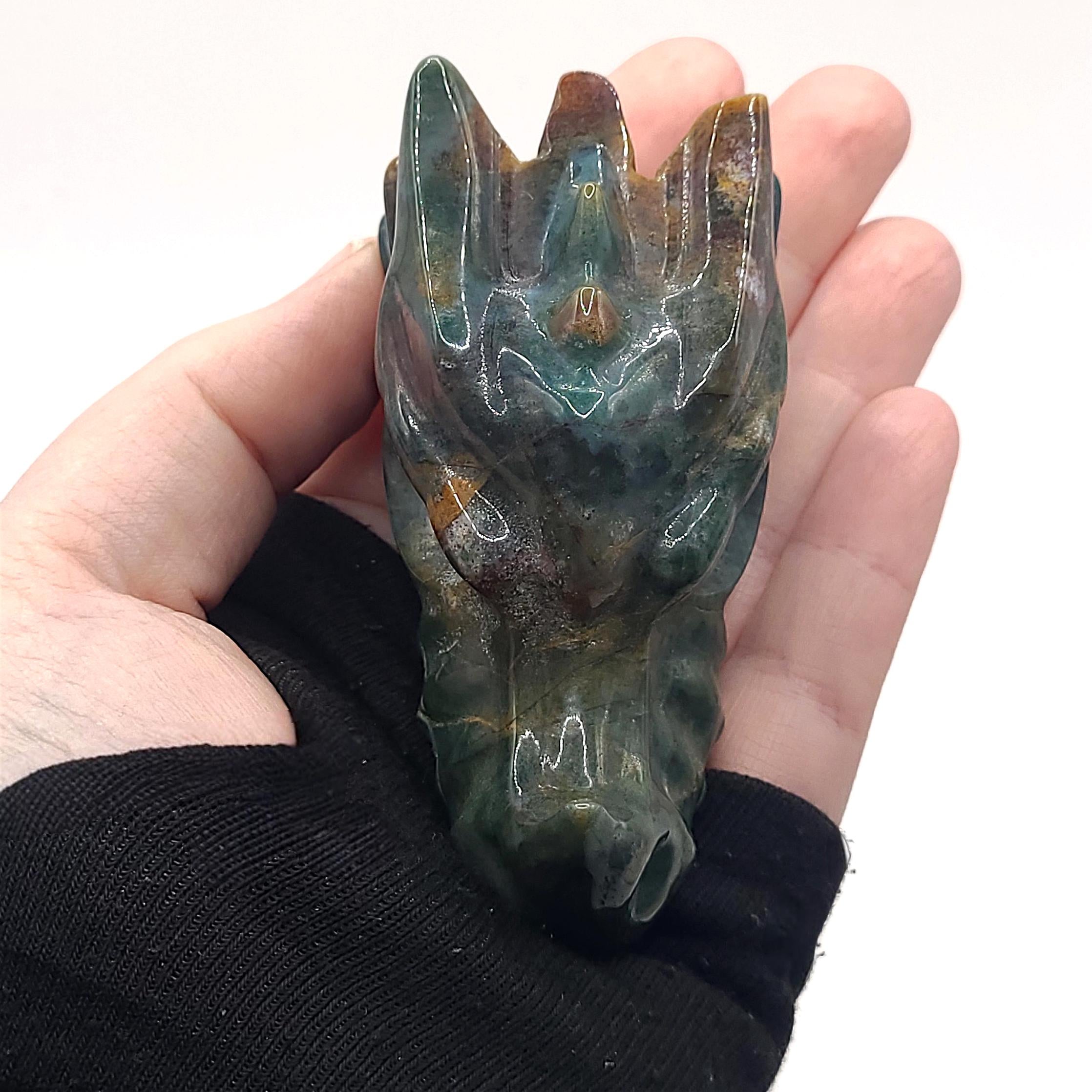 Ocean Jasper Dragon Skull Carving  Orbicular Crystal Collector Piece  Gothic Home Décor