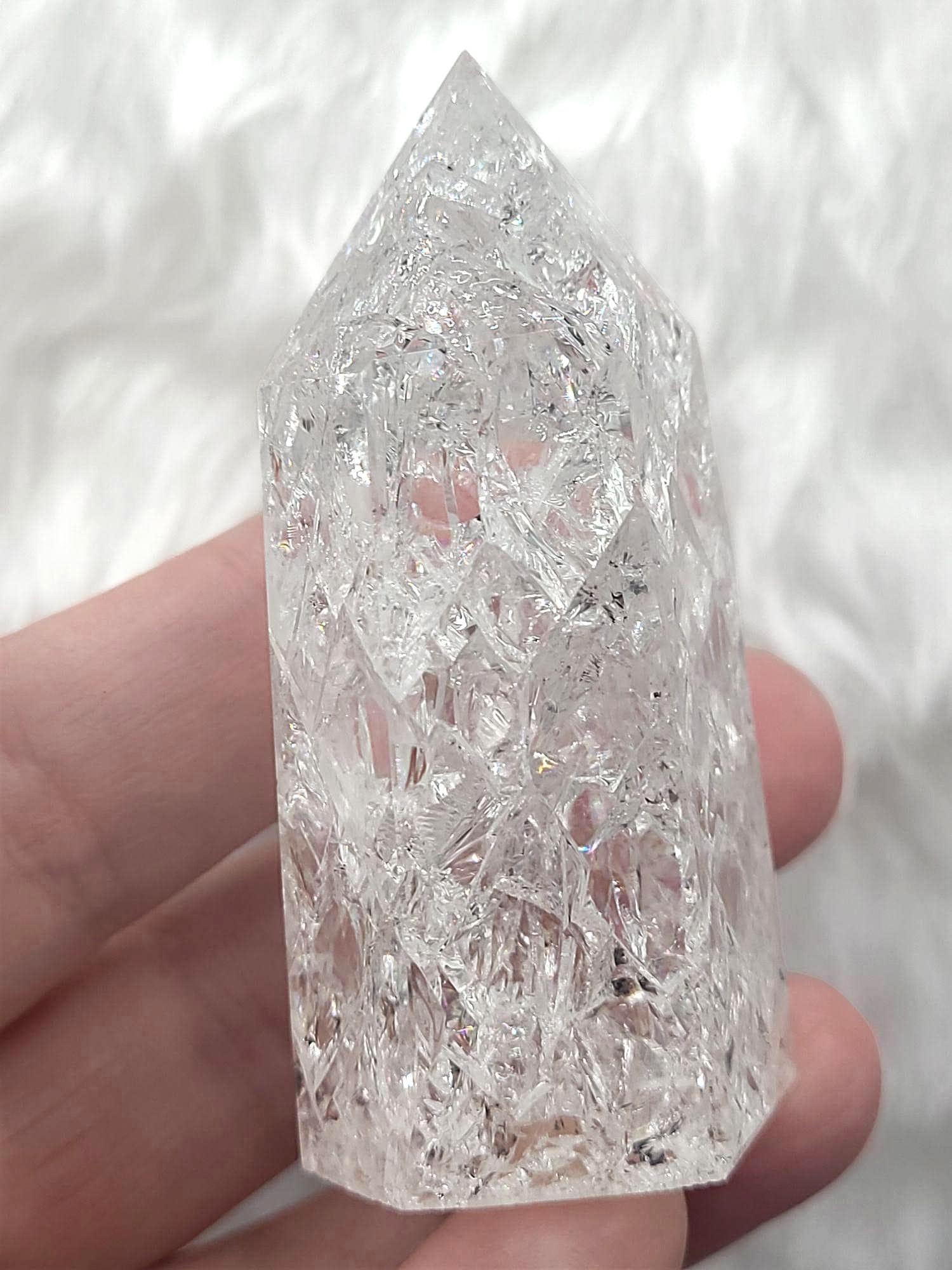White Crackle Quartz Tower | Polished Crystal Point, Fractured Light Display, Fire and Ice Tower