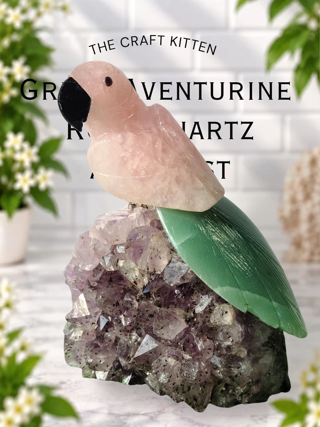 Large Rose Quartz & Green Aventurine Crystal Parrot on Raw Amethyst Base