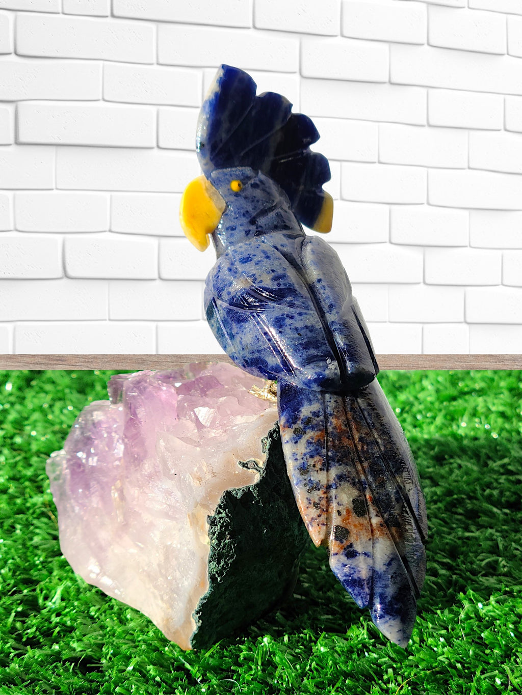 Sodalite Crystal Cockatoo on Raw Amethyst Base